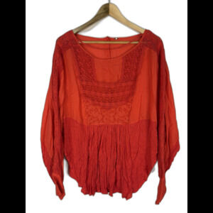 Free People Red Crochet Gauzy Blouse Top Size Small Boho Festival Colorful